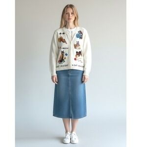 The Quacker Factory Cream Cat Is A Cat Embroidered Knit Button Up Sweater L